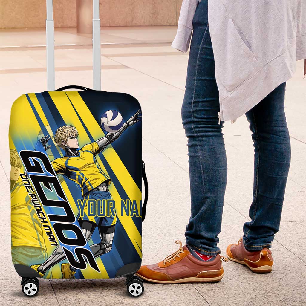 Personalized Genos Volleyball Design Luggage Cover with Yellow and Blue Athletic Theme and Dynamic Spike Pose