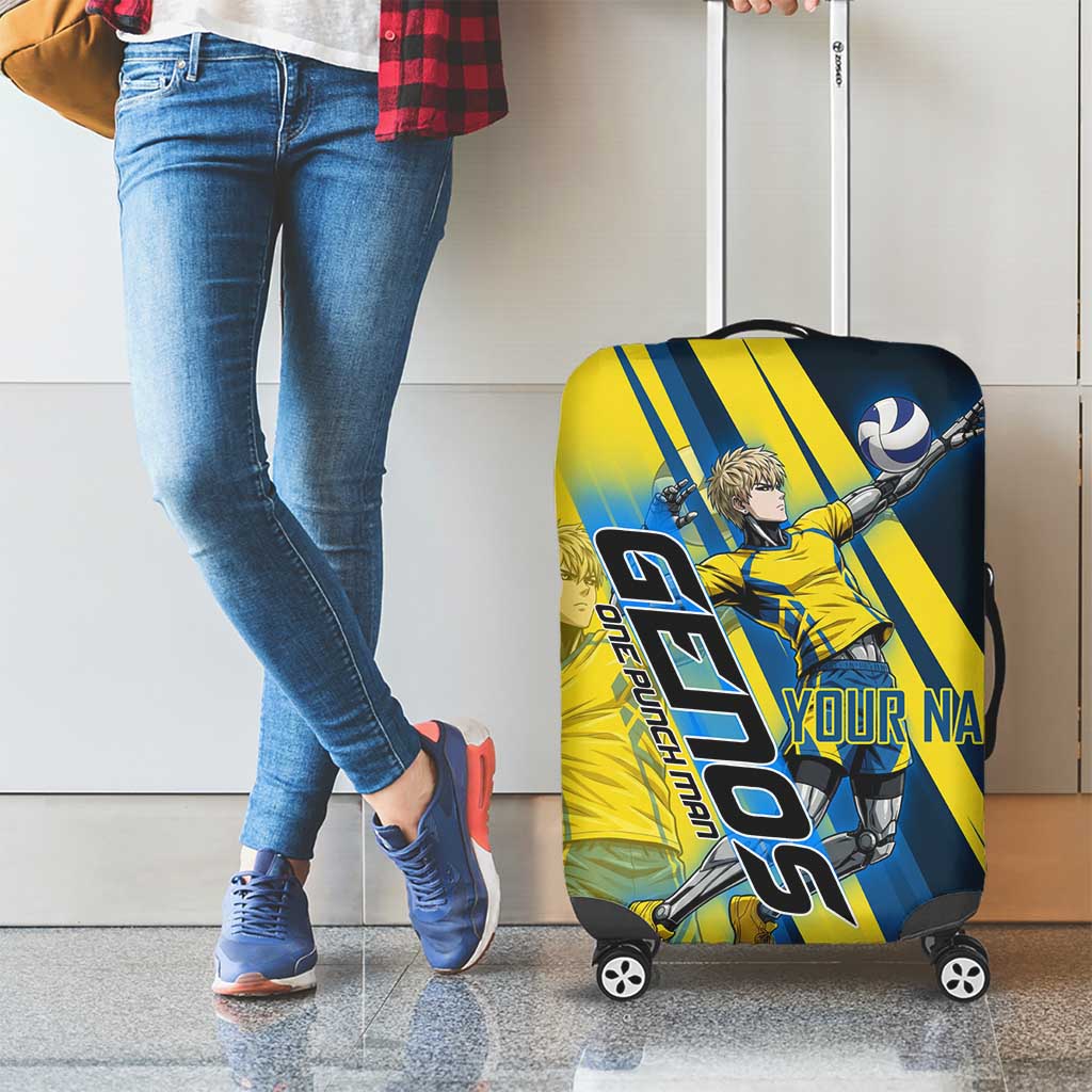 Personalized Genos Volleyball Design Luggage Cover with Yellow and Blue Athletic Theme and Dynamic Spike Pose