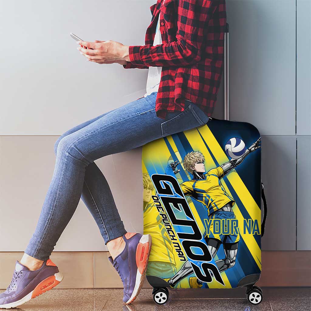 Personalized Genos Volleyball Design Luggage Cover with Yellow and Blue Athletic Theme and Dynamic Spike Pose