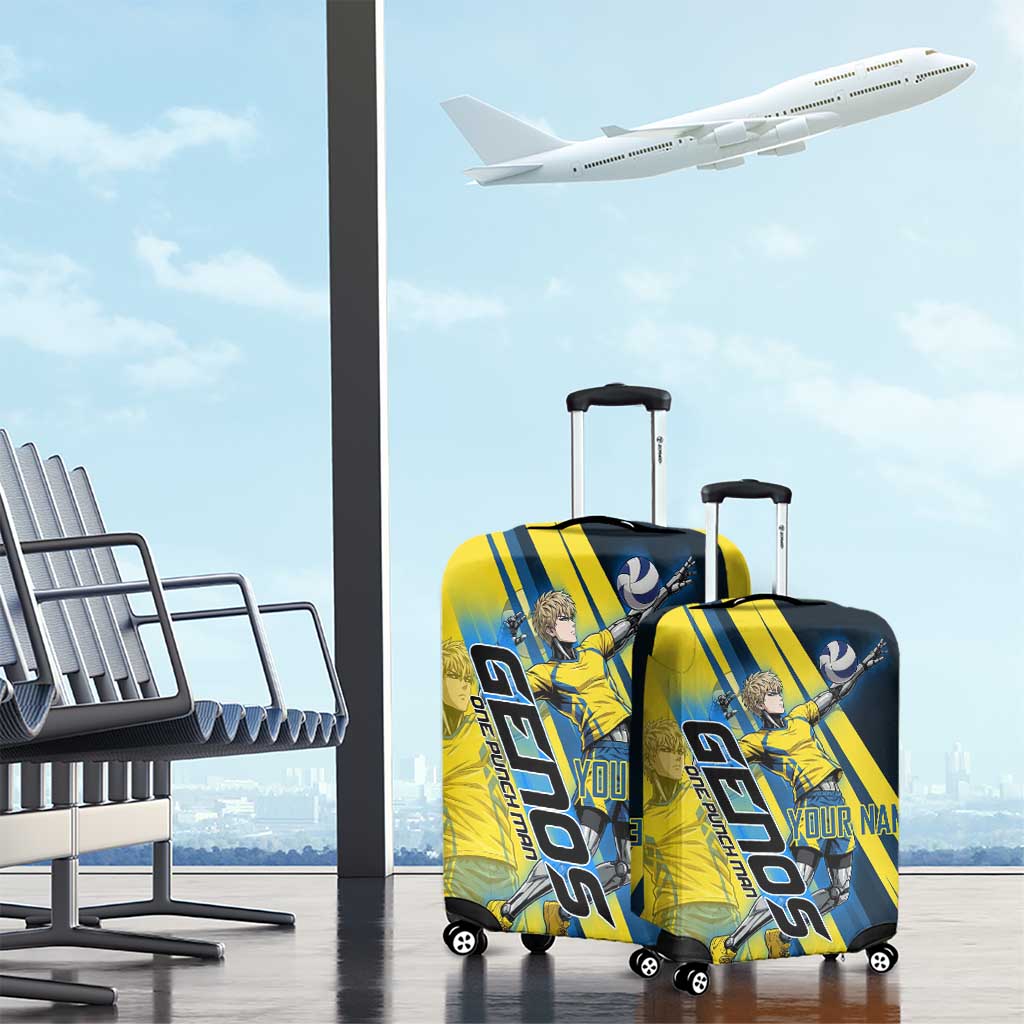 Personalized Genos Volleyball Design Luggage Cover with Yellow and Blue Athletic Theme and Dynamic Spike Pose