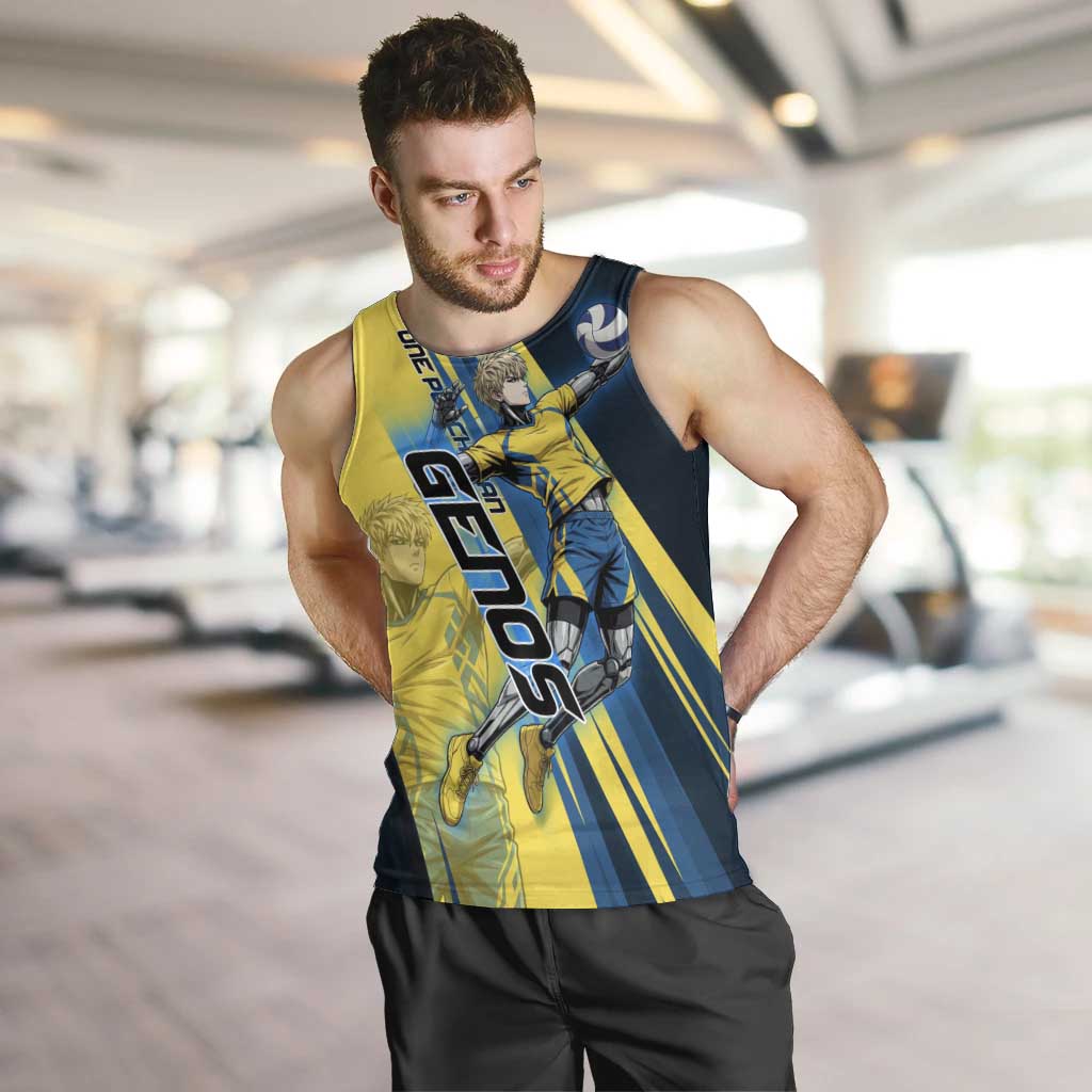 Personalized Genos Volleyball Design Men Tank Top with Yellow and Blue Athletic Theme and Dynamic Spike Pose