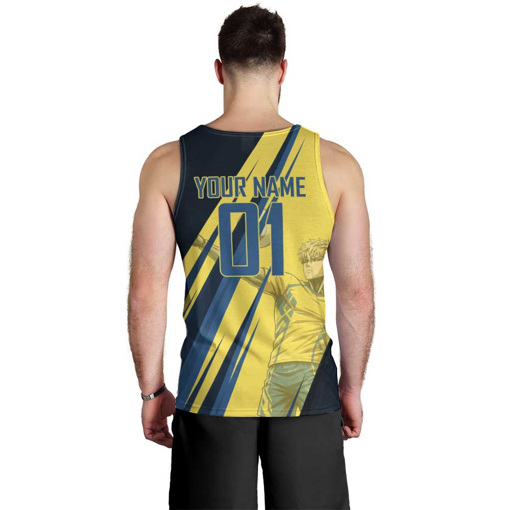 Personalized Genos Volleyball Design Men Tank Top with Yellow and Blue Athletic Theme and Dynamic Spike Pose