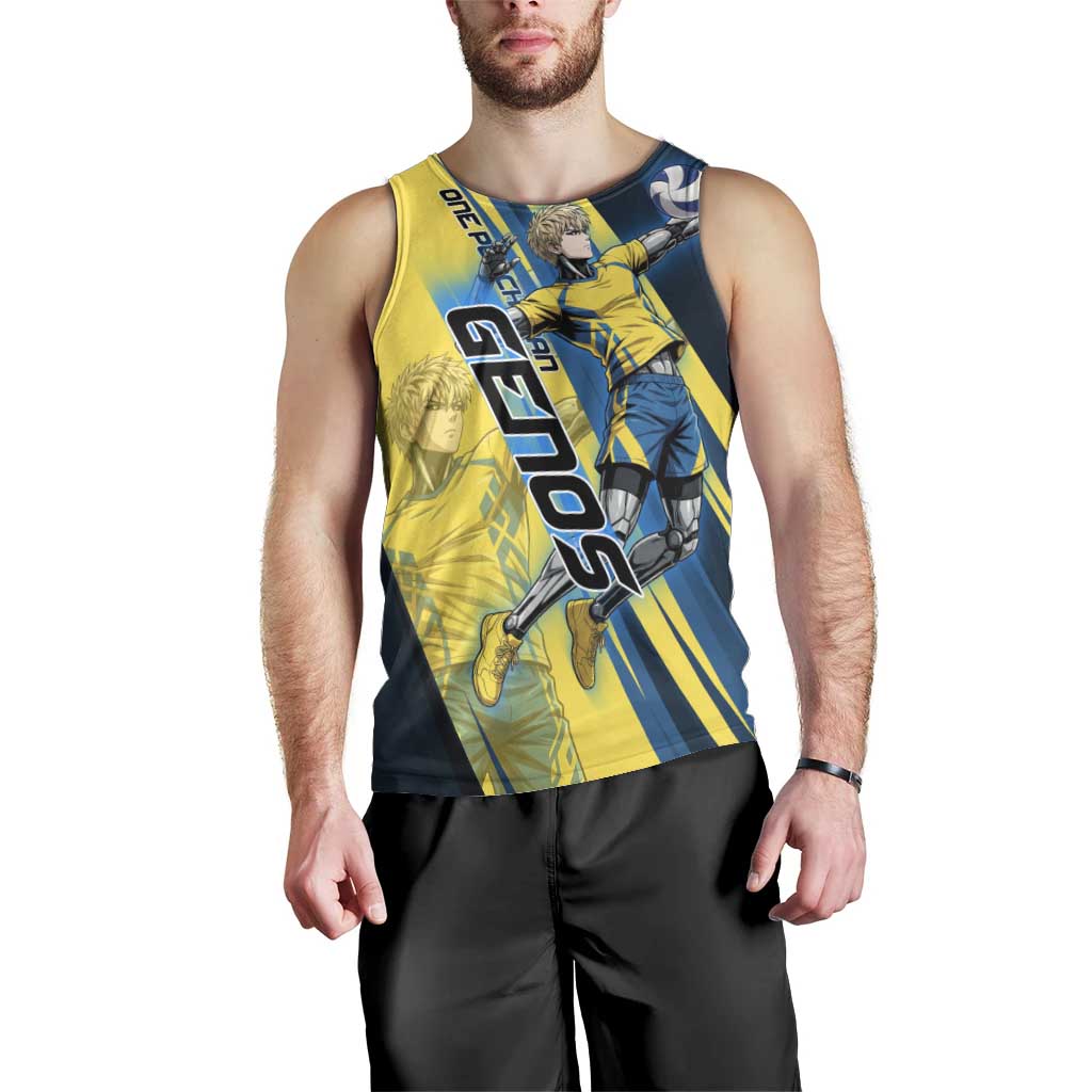 Personalized Genos Volleyball Design Men Tank Top with Yellow and Blue Athletic Theme and Dynamic Spike Pose
