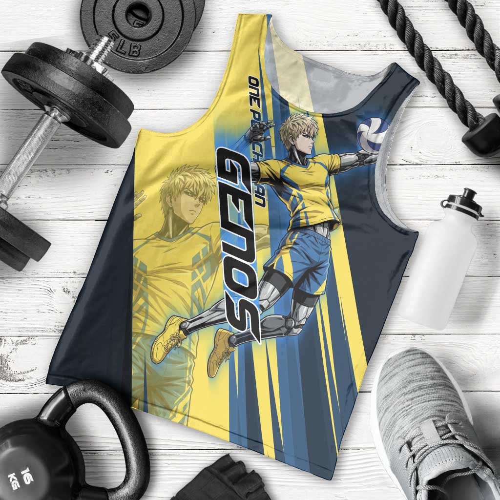 Personalized Genos Volleyball Design Men Tank Top with Yellow and Blue Athletic Theme and Dynamic Spike Pose