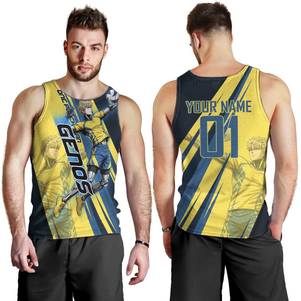 Personalized Genos Volleyball Design Men Tank Top with Yellow and Blue Athletic Theme and Dynamic Spike Pose
