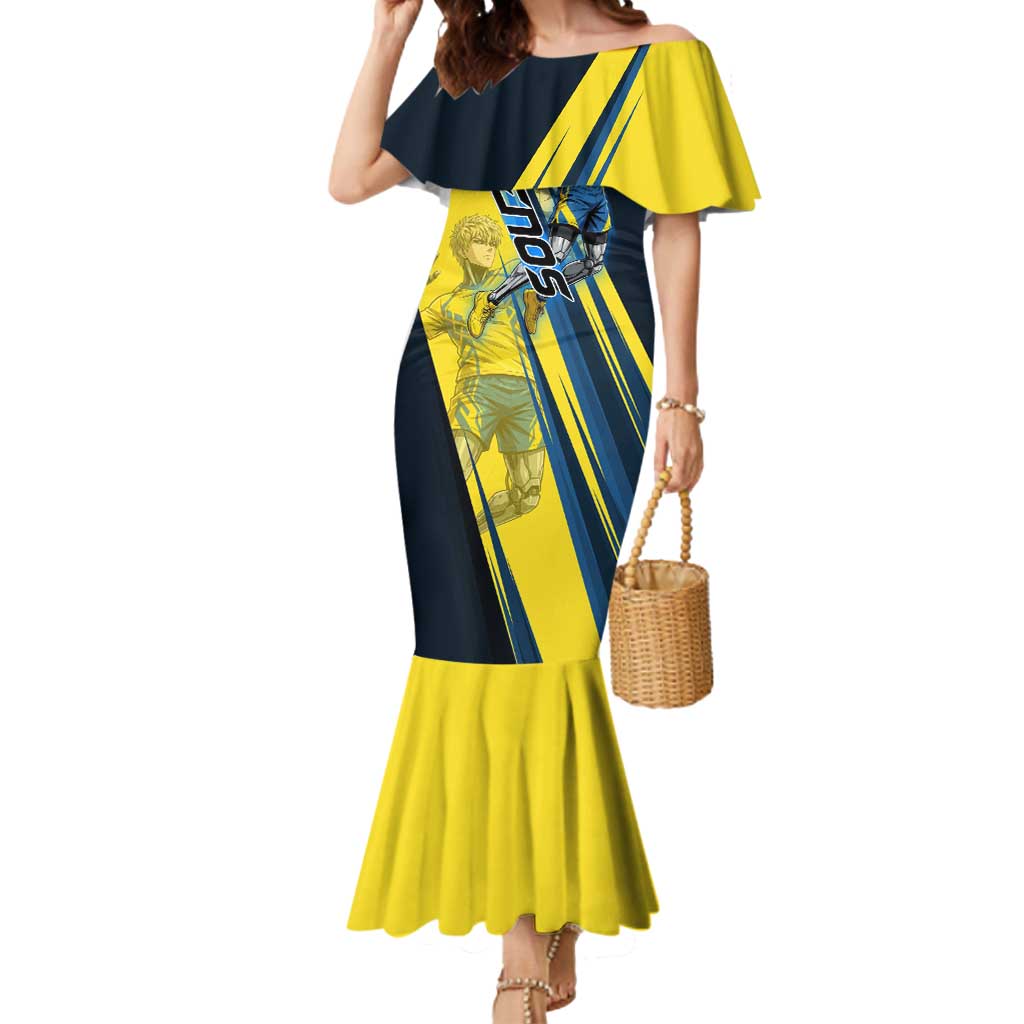 Personalized Genos Volleyball Design Mermaid Dress with Yellow and Blue Athletic Theme and Dynamic Spike Pose
