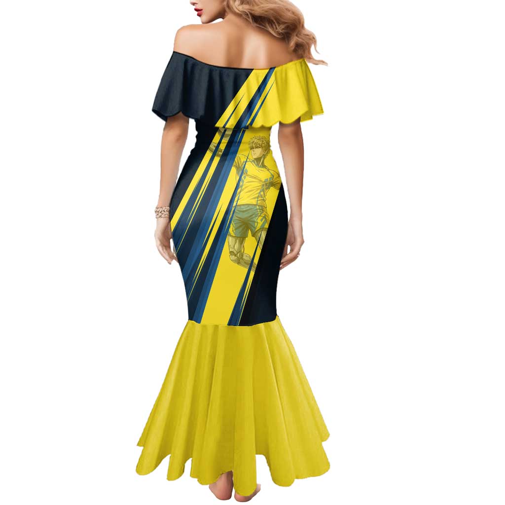 Personalized Genos Volleyball Design Mermaid Dress with Yellow and Blue Athletic Theme and Dynamic Spike Pose