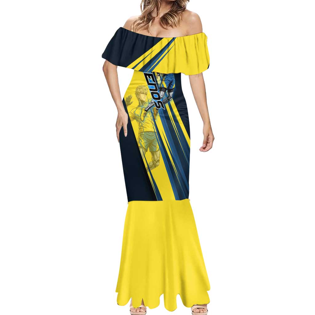 Personalized Genos Volleyball Design Mermaid Dress with Yellow and Blue Athletic Theme and Dynamic Spike Pose