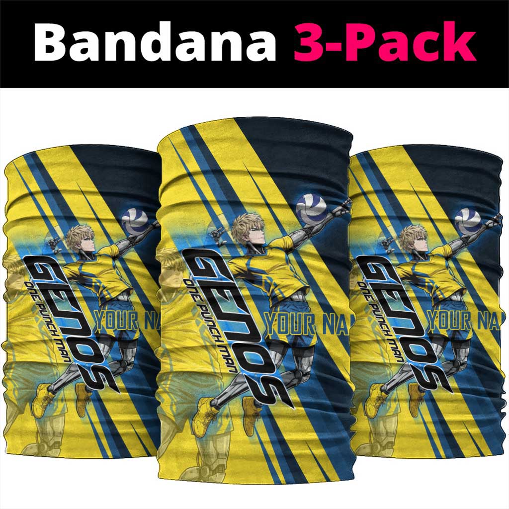Personalized Genos Volleyball Design Neck Gaiter with Yellow and Blue Athletic Theme and Dynamic Spike Pose
