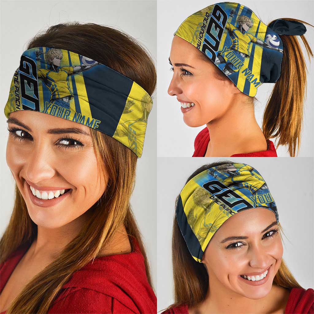 Personalized Genos Volleyball Design Neck Gaiter with Yellow and Blue Athletic Theme and Dynamic Spike Pose