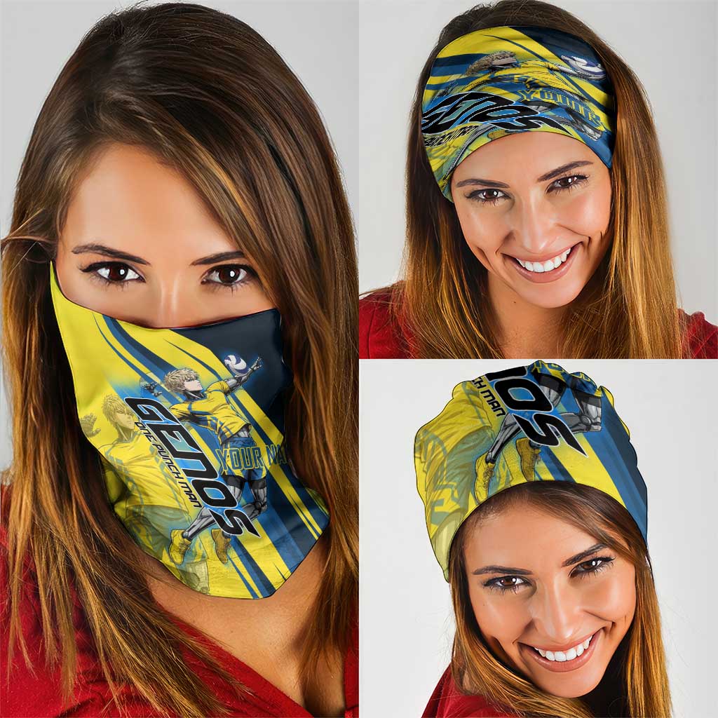 Personalized Genos Volleyball Design Neck Gaiter with Yellow and Blue Athletic Theme and Dynamic Spike Pose