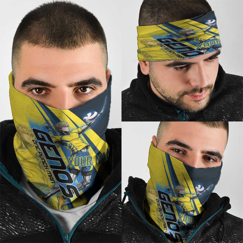 Personalized Genos Volleyball Design Neck Gaiter with Yellow and Blue Athletic Theme and Dynamic Spike Pose