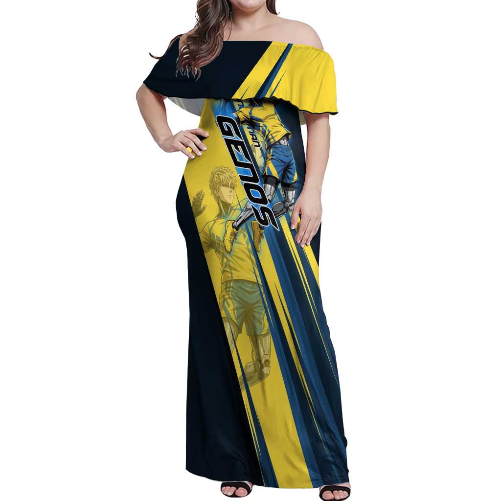 Personalized Genos Volleyball Design Off Shoulder Maxi Dress with Yellow and Blue Athletic Theme and Dynamic Spike Pose