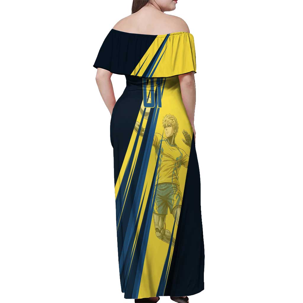 Personalized Genos Volleyball Design Off Shoulder Maxi Dress with Yellow and Blue Athletic Theme and Dynamic Spike Pose