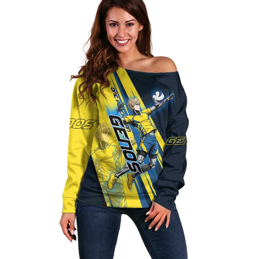 Personalized Genos Volleyball Design Off Shoulder Sweater with Yellow and Blue Athletic Theme and Dynamic Spike Pose