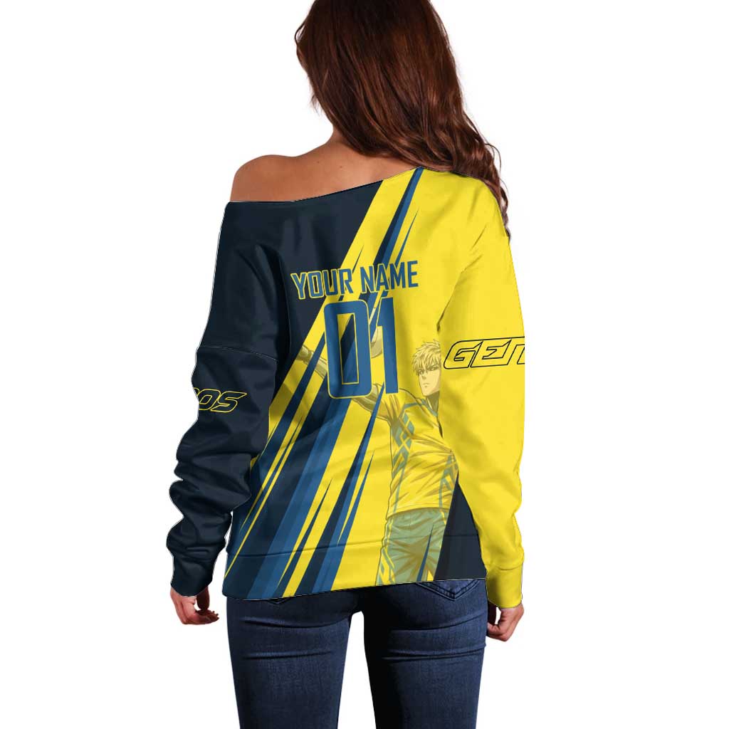 Personalized Genos Volleyball Design Off Shoulder Sweater with Yellow and Blue Athletic Theme and Dynamic Spike Pose
