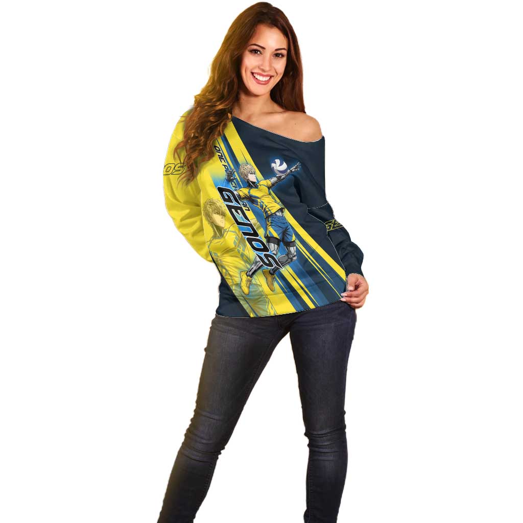 Personalized Genos Volleyball Design Off Shoulder Sweater with Yellow and Blue Athletic Theme and Dynamic Spike Pose