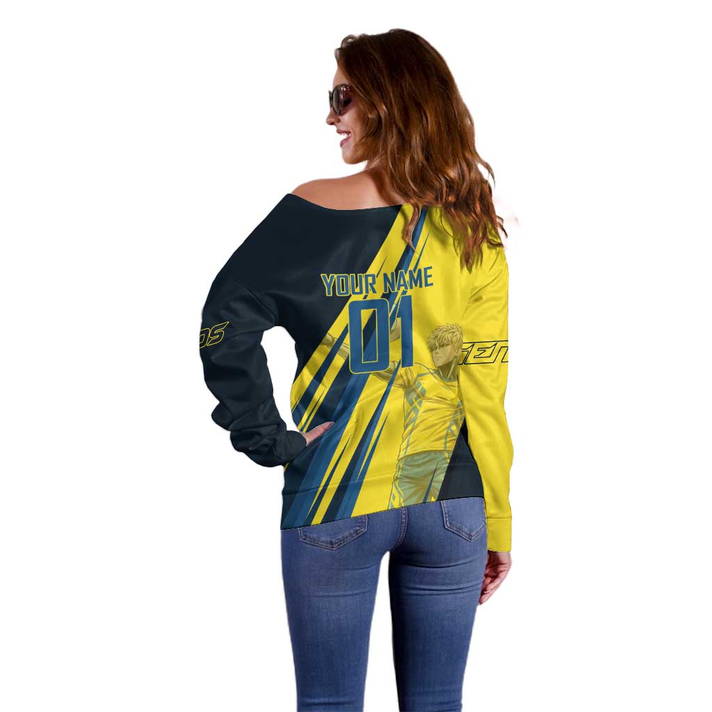 Personalized Genos Volleyball Design Off Shoulder Sweater with Yellow and Blue Athletic Theme and Dynamic Spike Pose