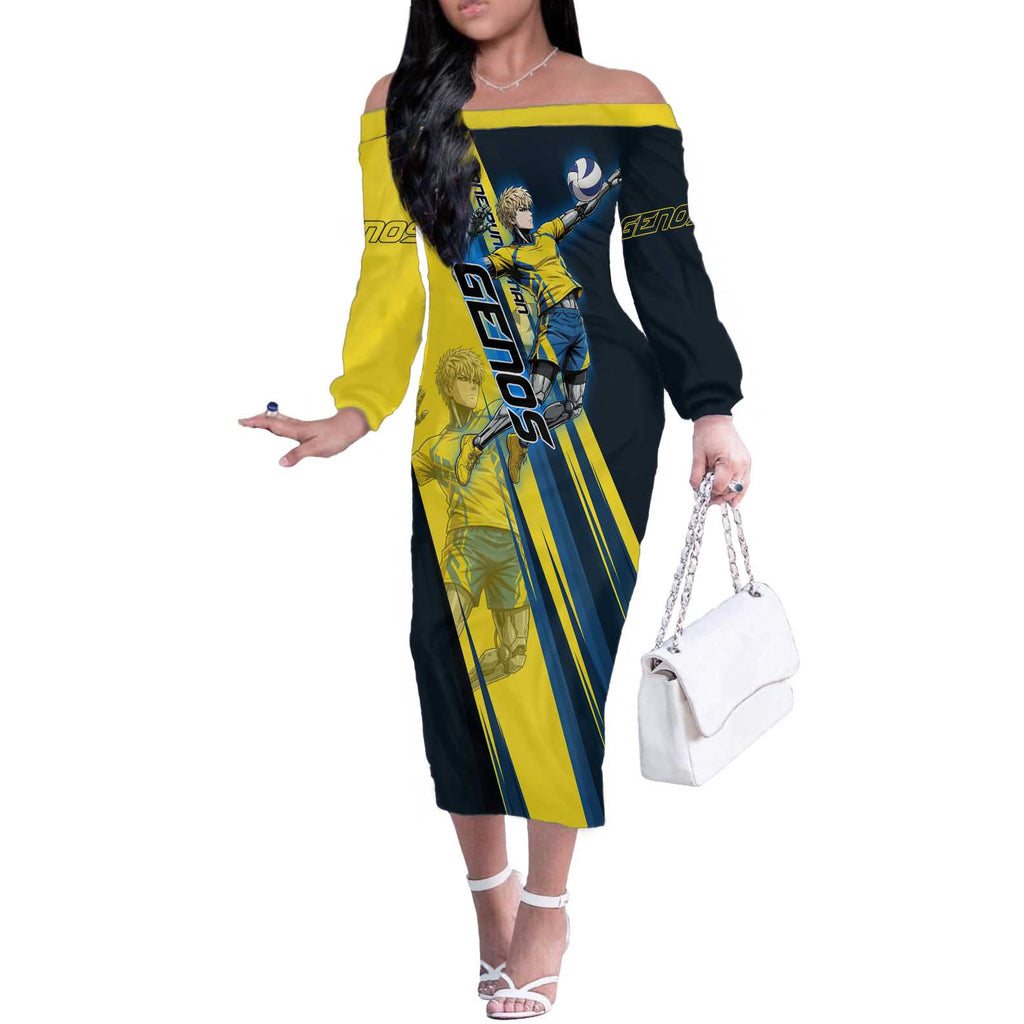 Personalized Genos Volleyball Design Off The Shoulder Long Sleeve Dress with Yellow and Blue Athletic Theme and Dynamic Spike Pose