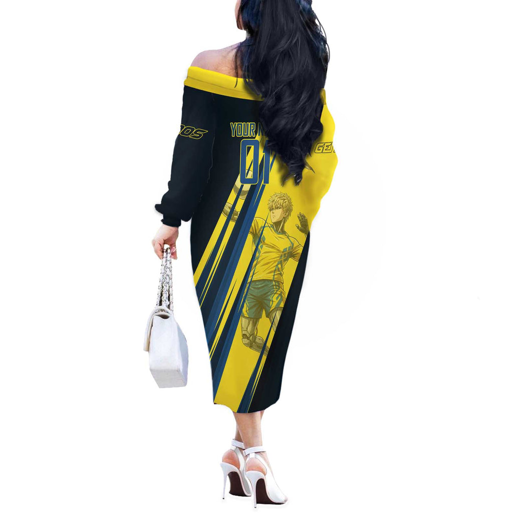 Personalized Genos Volleyball Design Off The Shoulder Long Sleeve Dress with Yellow and Blue Athletic Theme and Dynamic Spike Pose