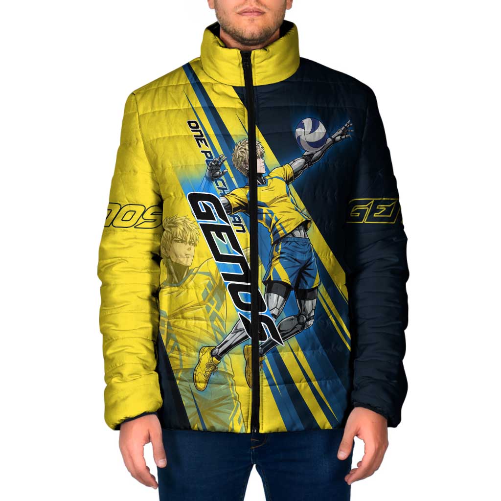 Personalized Genos Volleyball Design Padded Jacket with Yellow and Blue Athletic Theme and Dynamic Spike Pose