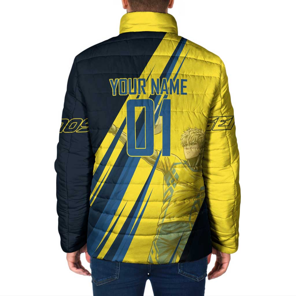 Personalized Genos Volleyball Design Padded Jacket with Yellow and Blue Athletic Theme and Dynamic Spike Pose