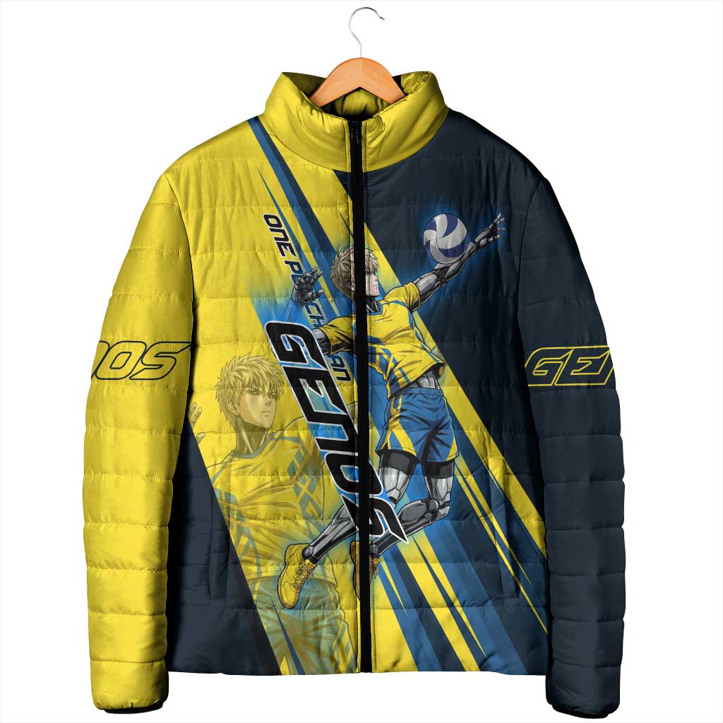 Personalized Genos Volleyball Design Padded Jacket with Yellow and Blue Athletic Theme and Dynamic Spike Pose