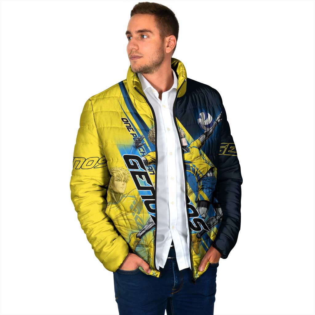 Personalized Genos Volleyball Design Padded Jacket with Yellow and Blue Athletic Theme and Dynamic Spike Pose