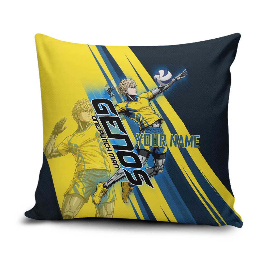 Personalized Genos Volleyball Design Pillow Cover with Yellow and Blue Athletic Theme and Dynamic Spike Pose