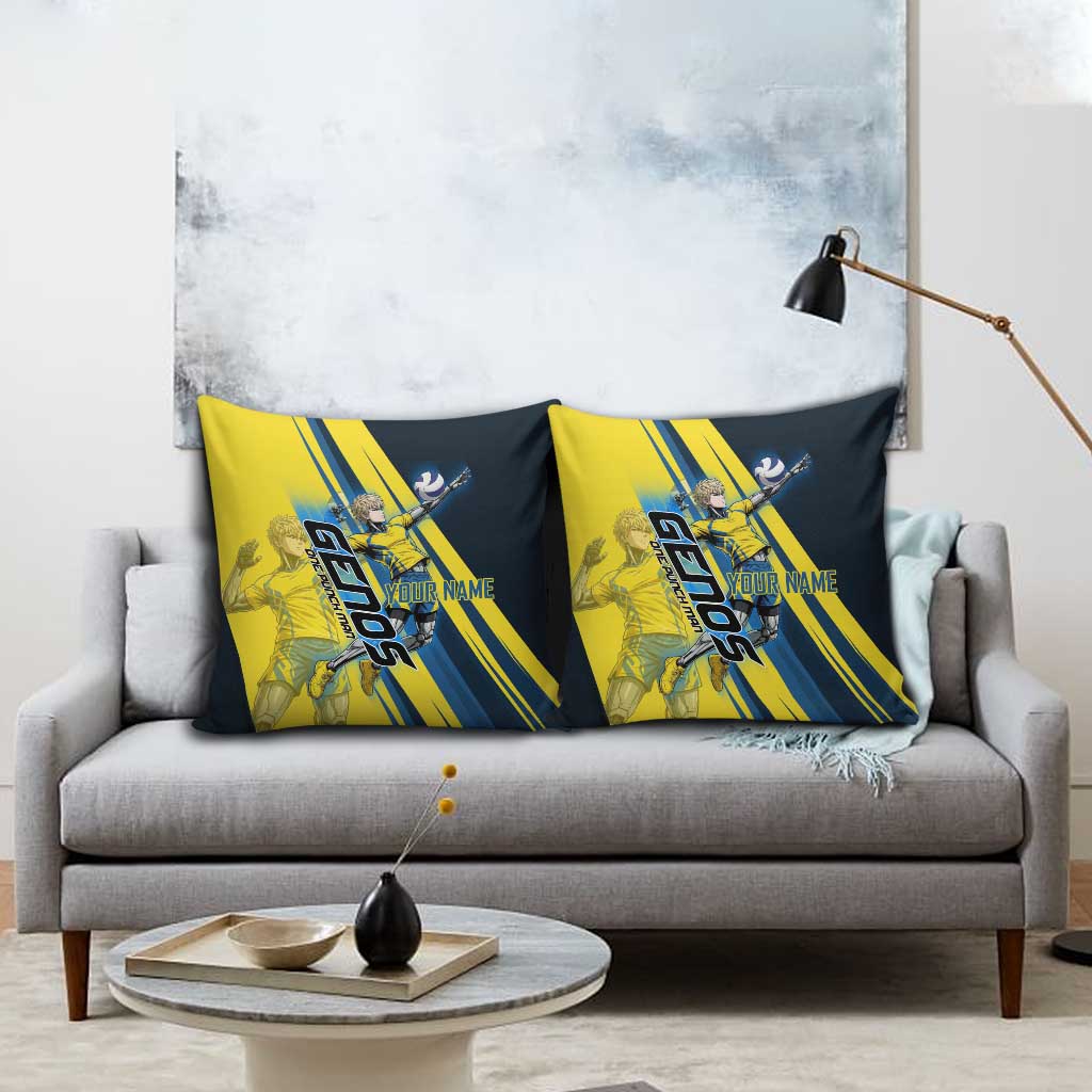Personalized Genos Volleyball Design Pillow Cover with Yellow and Blue Athletic Theme and Dynamic Spike Pose