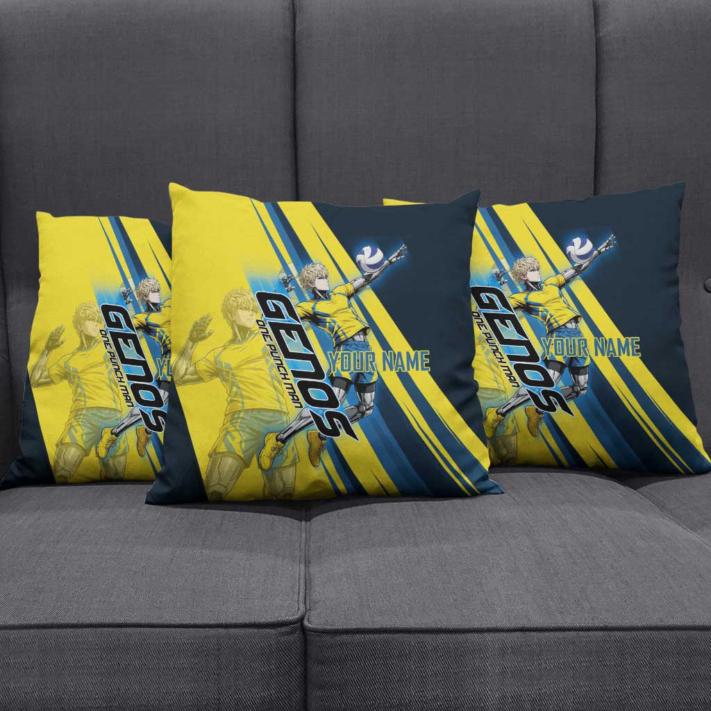 Personalized Genos Volleyball Design Pillow Cover with Yellow and Blue Athletic Theme and Dynamic Spike Pose