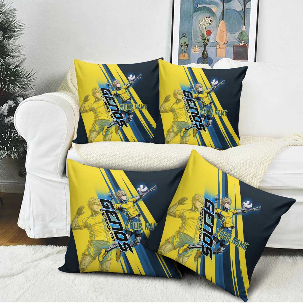 Personalized Genos Volleyball Design Pillow Cover with Yellow and Blue Athletic Theme and Dynamic Spike Pose