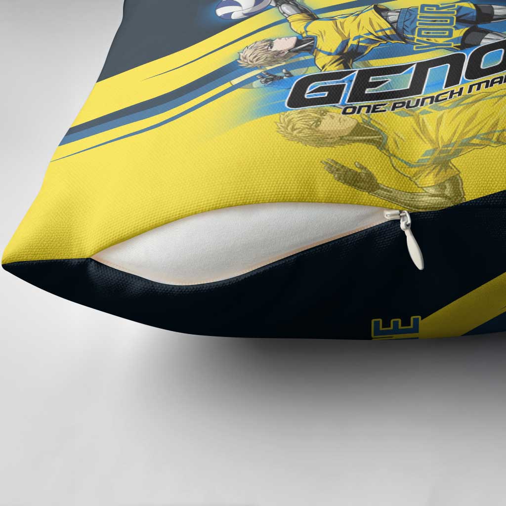 Personalized Genos Volleyball Design Pillow Cover with Yellow and Blue Athletic Theme and Dynamic Spike Pose