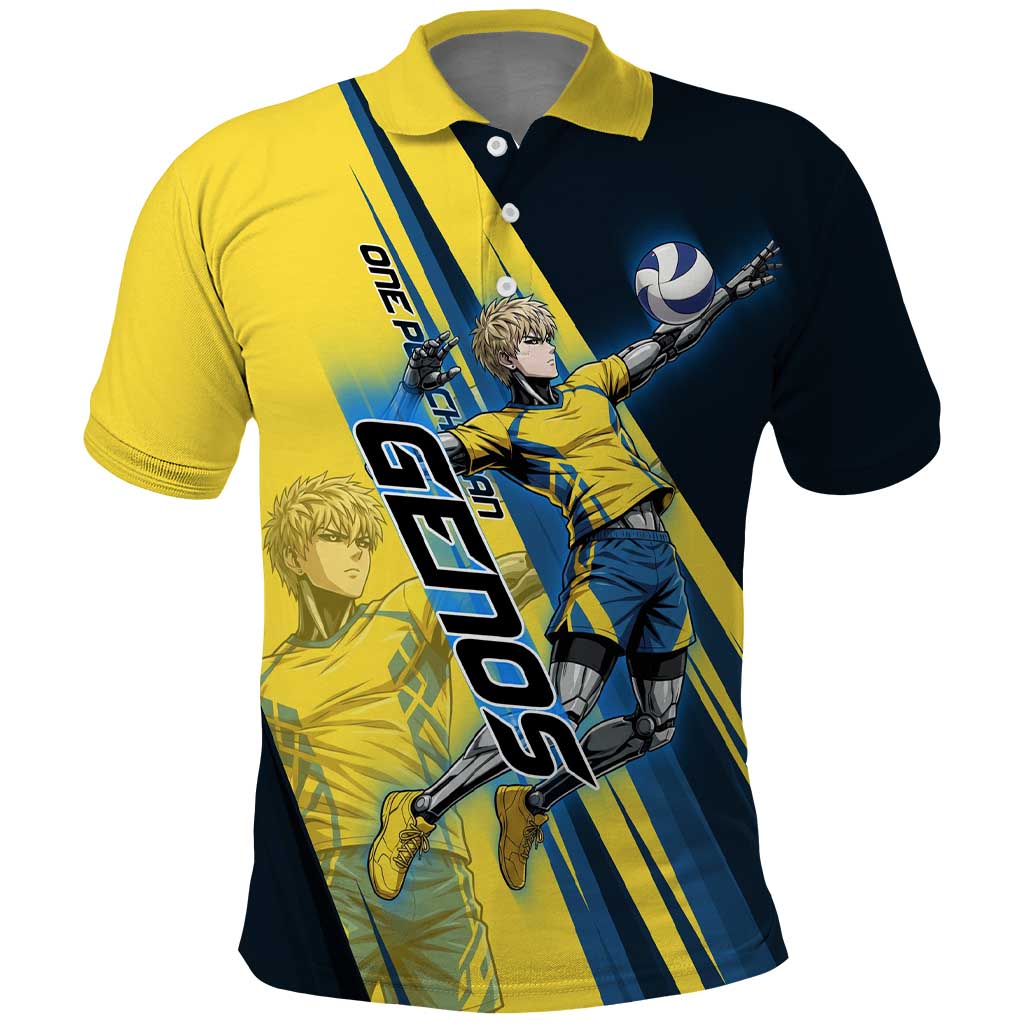 Personalized Genos Volleyball Design Polo Shirt with Yellow and Blue Athletic Theme and Dynamic Spike Pose