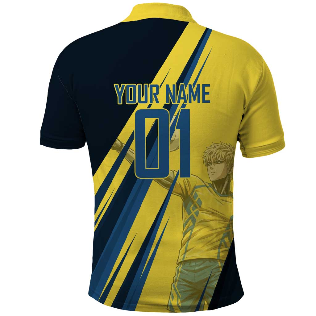 Personalized Genos Volleyball Design Polo Shirt with Yellow and Blue Athletic Theme and Dynamic Spike Pose