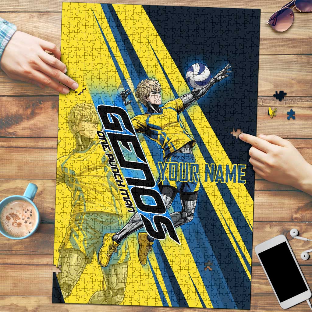 Personalized Genos Volleyball Design Puzzle with Yellow and Blue Athletic Theme and Dynamic Spike Pose