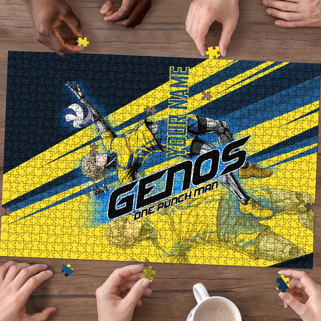 Personalized Genos Volleyball Design Puzzle with Yellow and Blue Athletic Theme and Dynamic Spike Pose