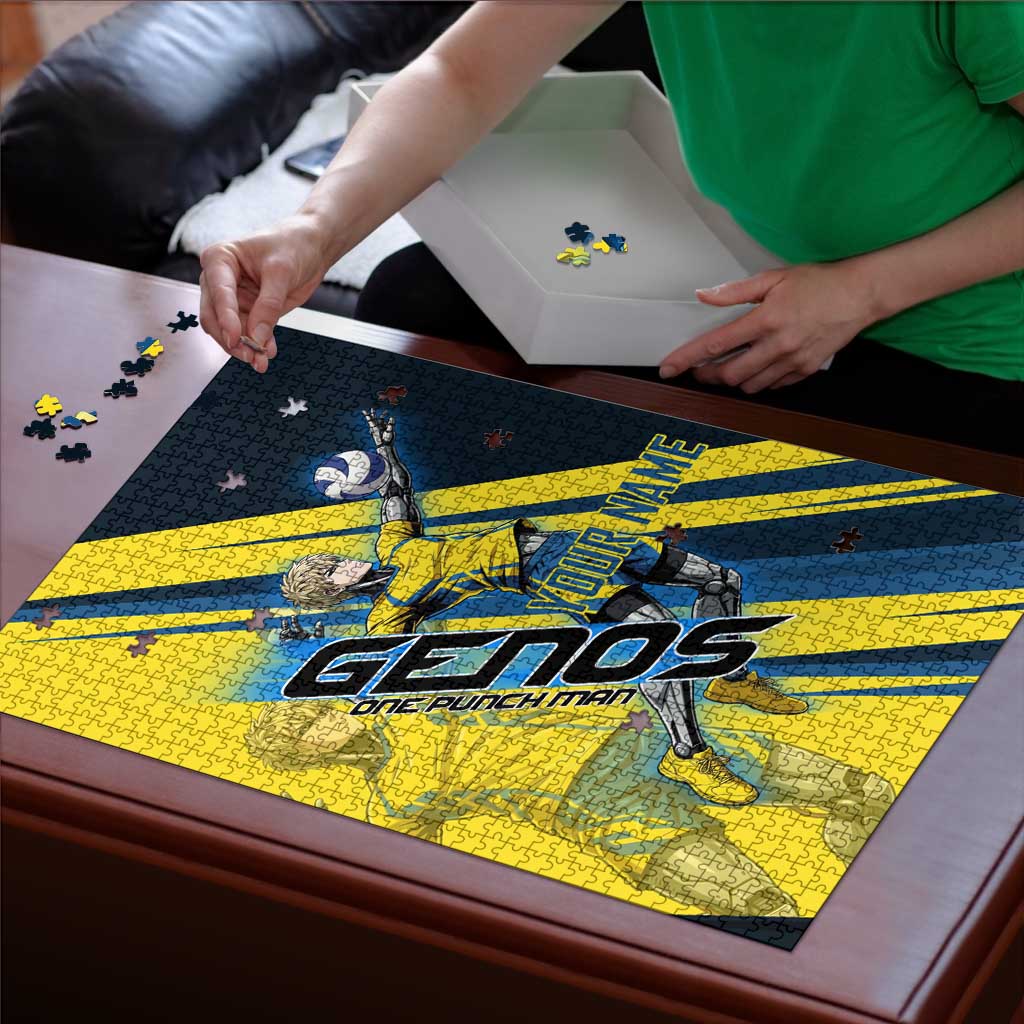 Personalized Genos Volleyball Design Puzzle with Yellow and Blue Athletic Theme and Dynamic Spike Pose