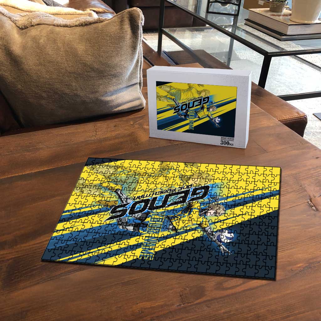 Personalized Genos Volleyball Design Puzzle with Yellow and Blue Athletic Theme and Dynamic Spike Pose