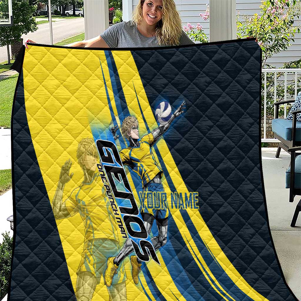 Personalized Genos Volleyball Design Quilt with Yellow and Blue Athletic Theme and Dynamic Spike Pose