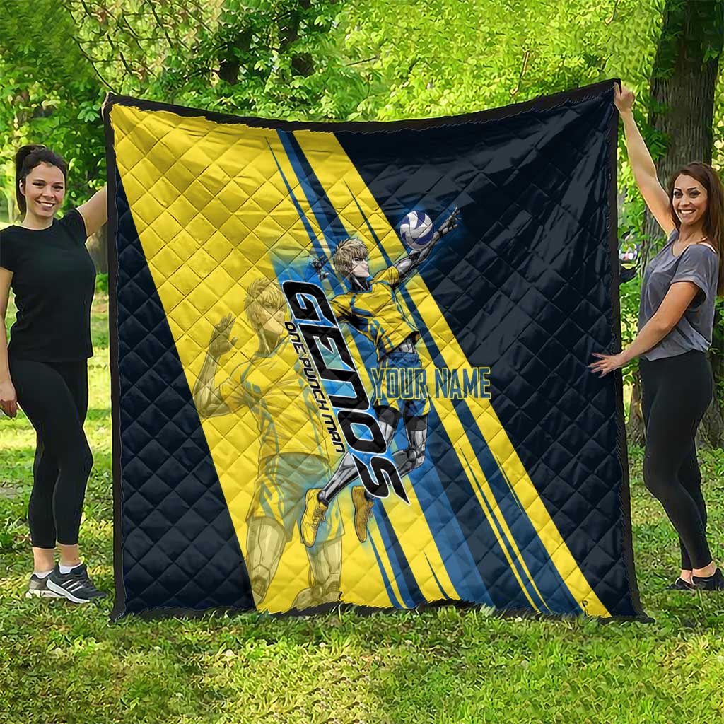 Personalized Genos Volleyball Design Quilt with Yellow and Blue Athletic Theme and Dynamic Spike Pose