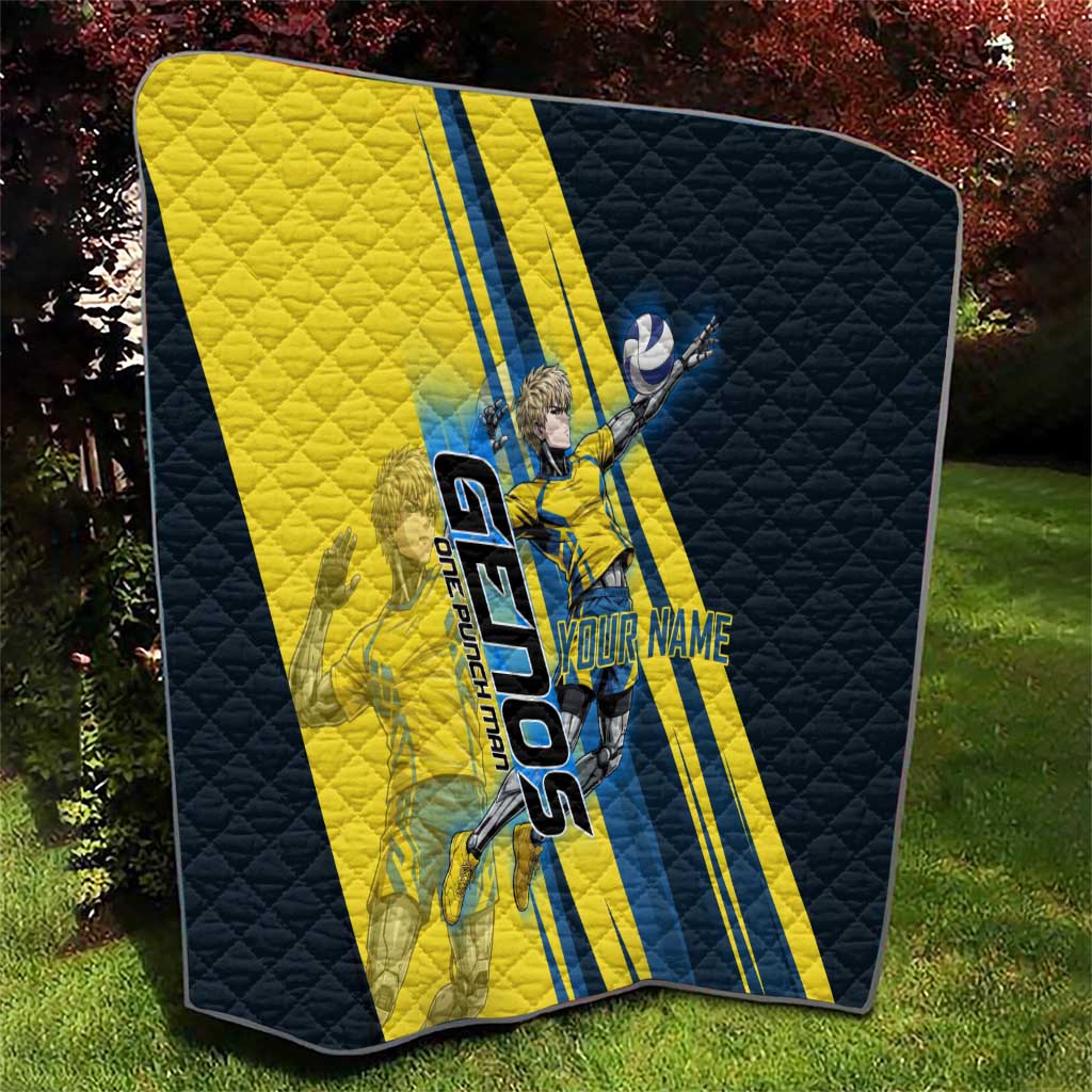 Personalized Genos Volleyball Design Quilt with Yellow and Blue Athletic Theme and Dynamic Spike Pose