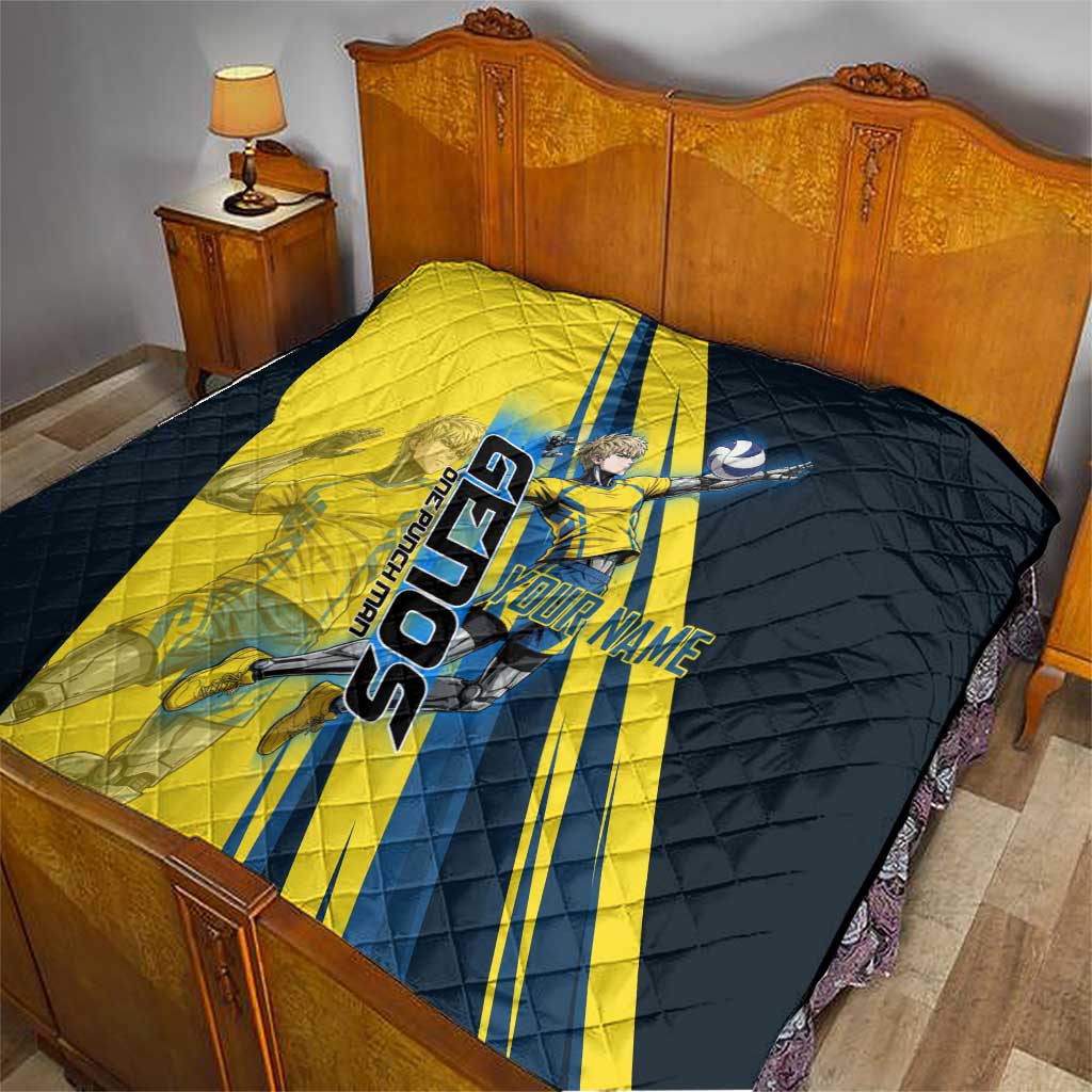 Personalized Genos Volleyball Design Quilt with Yellow and Blue Athletic Theme and Dynamic Spike Pose
