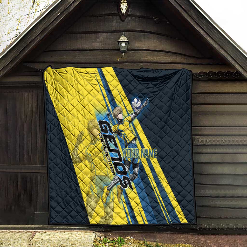 Personalized Genos Volleyball Design Quilt with Yellow and Blue Athletic Theme and Dynamic Spike Pose