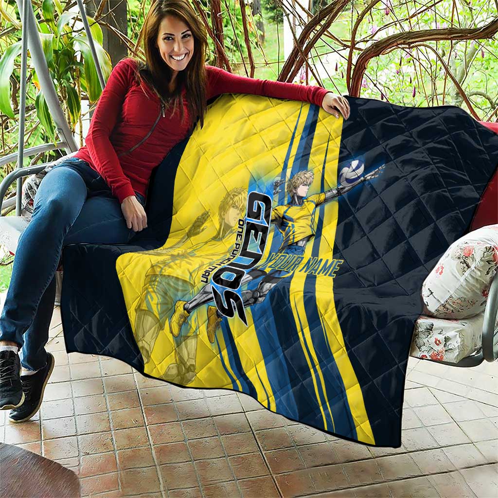 Personalized Genos Volleyball Design Quilt with Yellow and Blue Athletic Theme and Dynamic Spike Pose