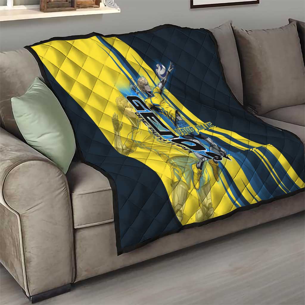 Personalized Genos Volleyball Design Quilt with Yellow and Blue Athletic Theme and Dynamic Spike Pose