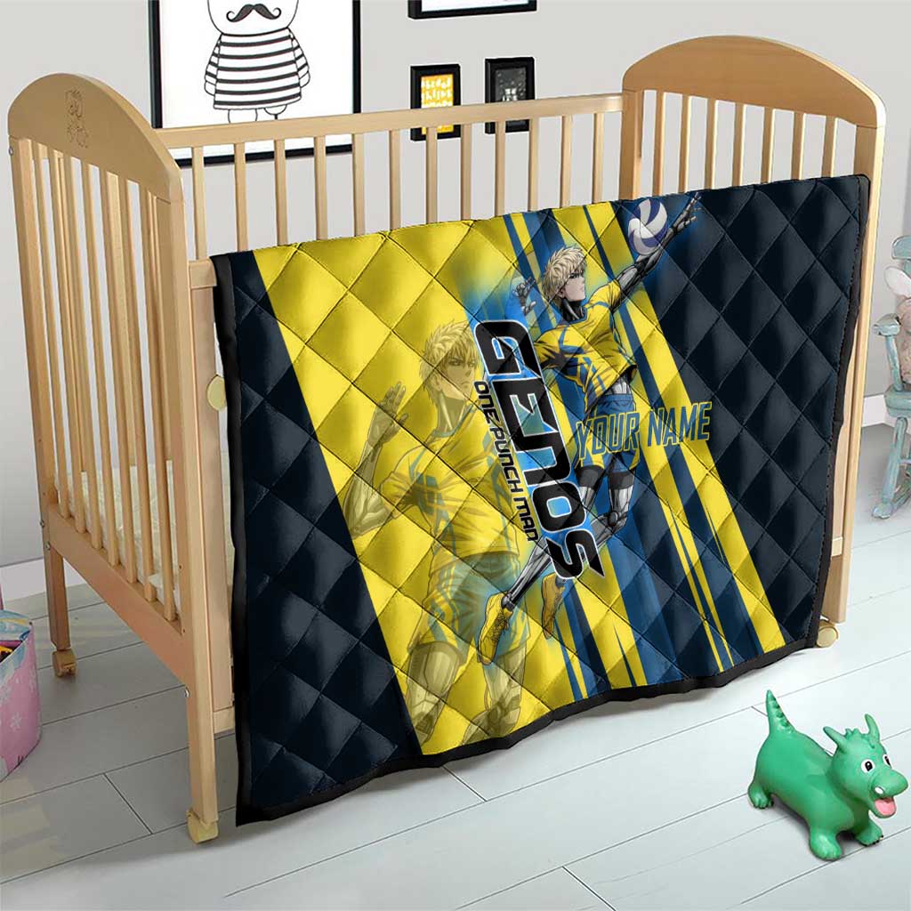 Personalized Genos Volleyball Design Quilt with Yellow and Blue Athletic Theme and Dynamic Spike Pose