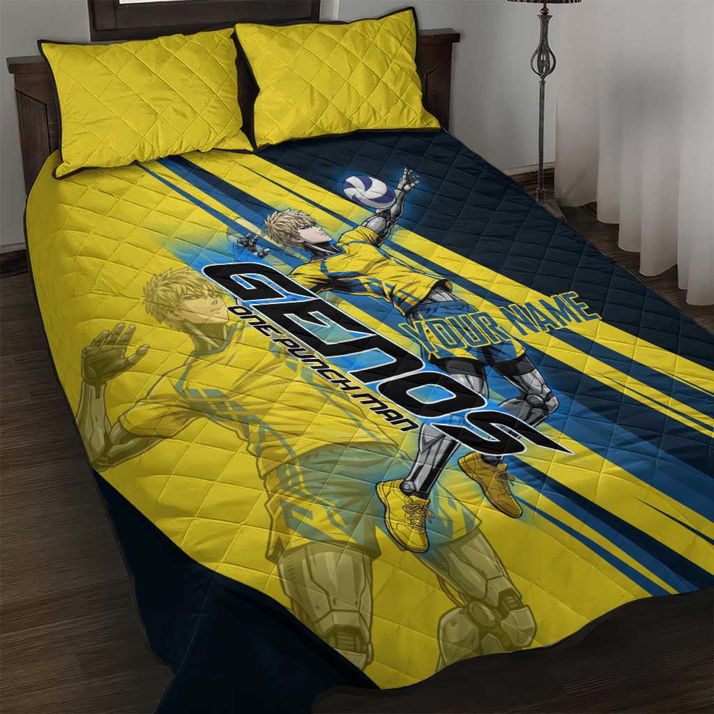 Personalized Genos Volleyball Design Quilt Bed Set with Yellow and Blue Athletic Theme and Dynamic Spike Pose