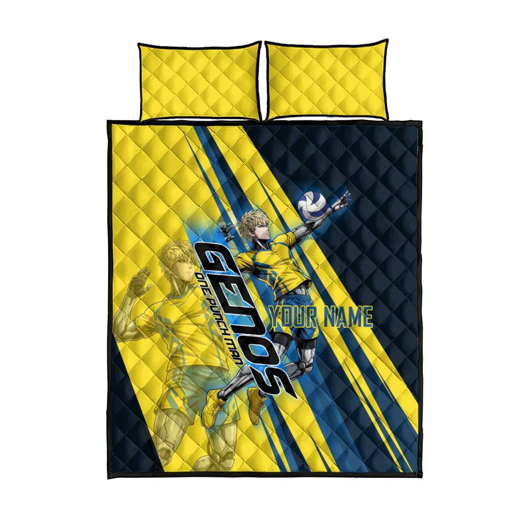 Personalized Genos Volleyball Design Quilt Bed Set with Yellow and Blue Athletic Theme and Dynamic Spike Pose