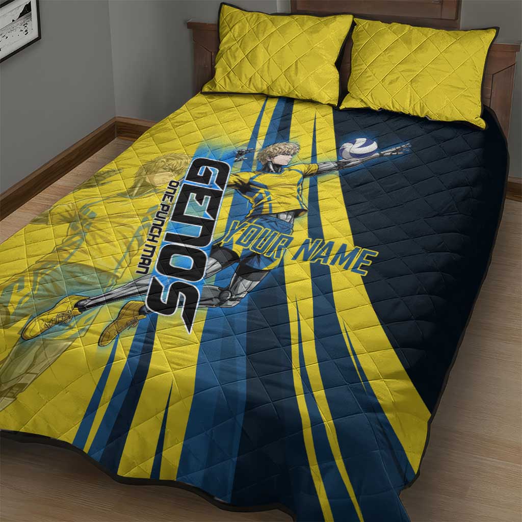 Personalized Genos Volleyball Design Quilt Bed Set with Yellow and Blue Athletic Theme and Dynamic Spike Pose